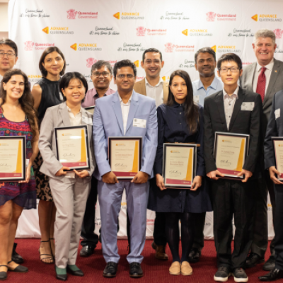 Minister Stirling Hinchliffe with UQ recipients of the Advance Queensland Industry Research Fellowships.